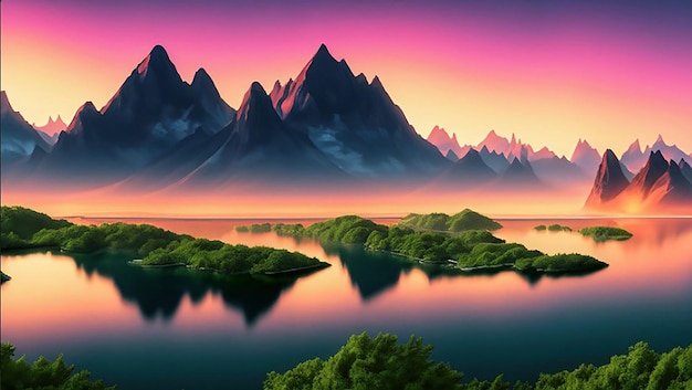 Una pintura digital de un río o lago y montañas con una puesta o salida de sol en el fondo