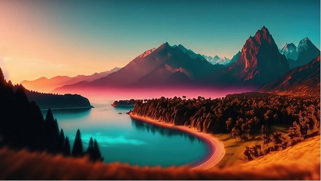 Una pintura digital de un río o lago y montañas con una puesta o salida de sol en el fondo