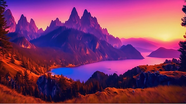 Una pintura digital de un río o lago y montañas con una puesta o salida de sol en el fondo