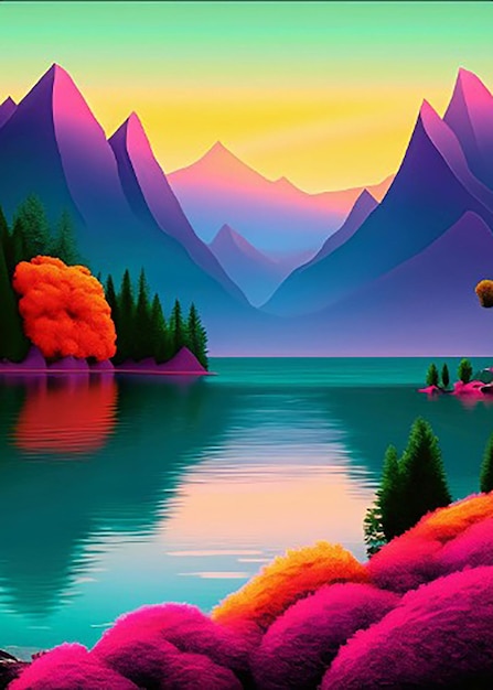 Foto una pintura digital de un río o lago y montañas con una puesta o salida de sol en el fondo
