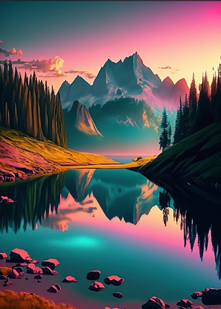 Foto una pintura digital de un río o lago y montañas con una puesta o salida de sol en el fondo