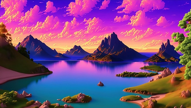 Una pintura digital de un río o lago y montañas con una puesta o salida de sol en el fondo