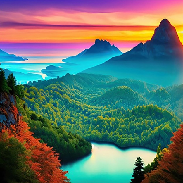 Una pintura digital de un río o lago y montañas con una puesta de sol o un amanecer de fondo