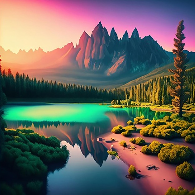 Foto una pintura digital de un río o lago y montañas con una puesta de sol o un amanecer de fondo