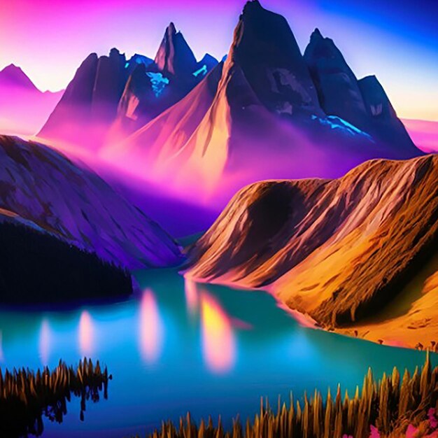 Una pintura digital de un río o lago y montañas con una puesta de sol o un amanecer de fondo