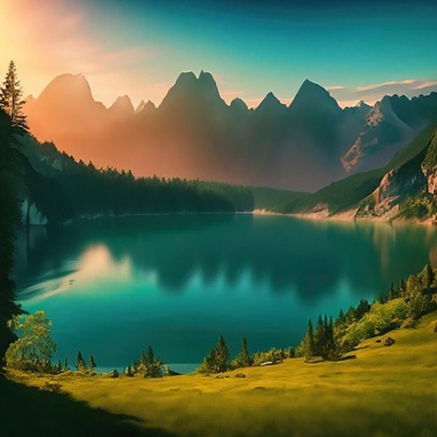 Una pintura digital de un río o lago y montañas con una puesta de sol o un amanecer de fondo