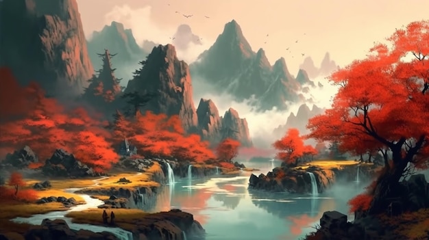 Una pintura digital de un río rodeado de montañas y árboles.