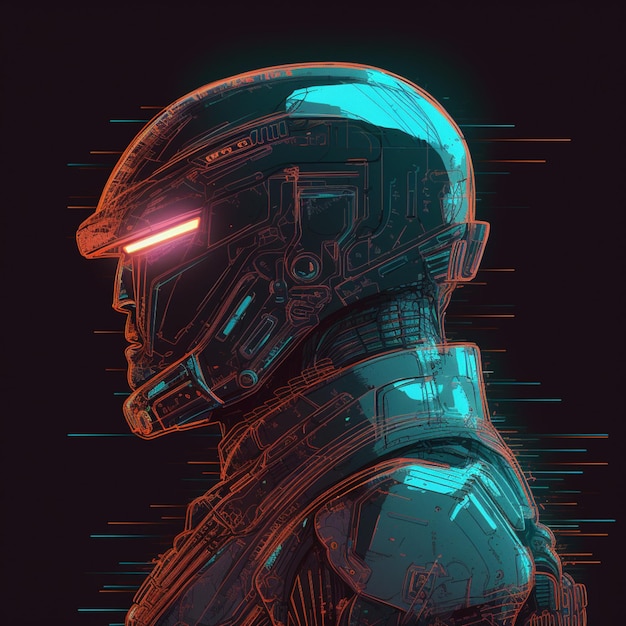 Una pintura digital de un robot con un casco que dice "cyberpunk"