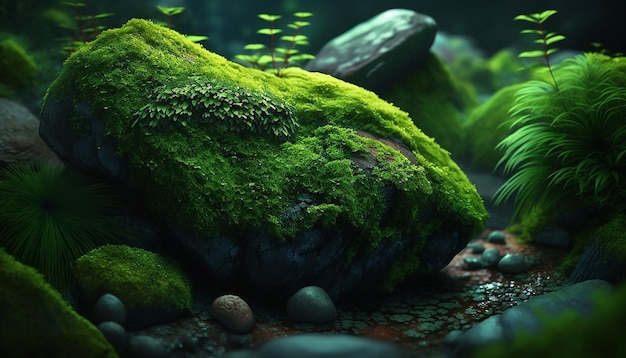 Una pintura digital de rocas cubiertas de musgo con un fondo verde.