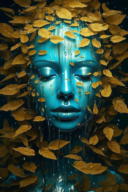 Una pintura digital del rostro de una mujer con hojas.