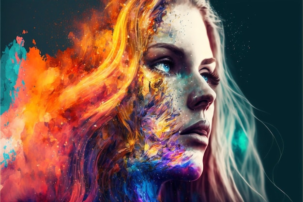 Una pintura digital del rostro de una mujer con la palabra fuego.