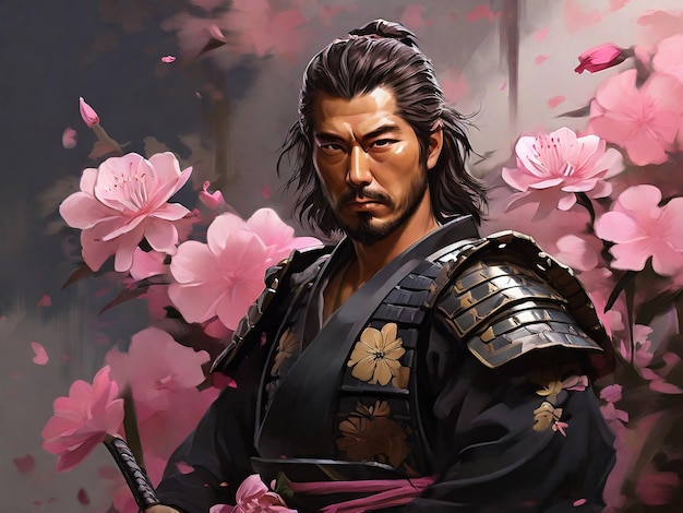 Una pintura digital de un samurai con flores rosas en el fondo