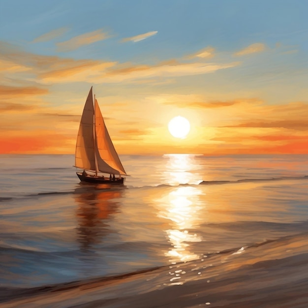 Pintura digital de una serena escena costera al atardecer con olas de agua y velero