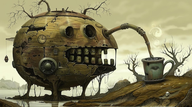 Pintura digital surreal de uma chaleira steampunk com um relógio e engrenagens