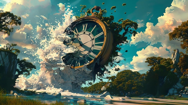 Foto pintura digital surrealista de un reloj derritiéndose en un paisaje surrealista con grandes árboles y un cuerpo de agua