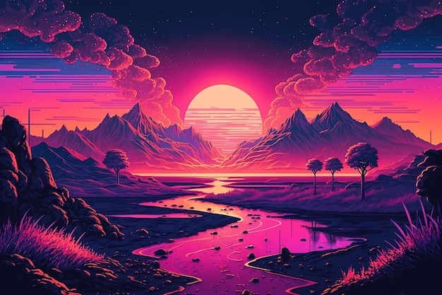 pintura digital de synthwave retrowave paisaje puesta de sol