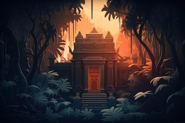 Una pintura digital de un templo en la selva.