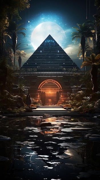 una pintura digital de un templo con una vista de las pirámides