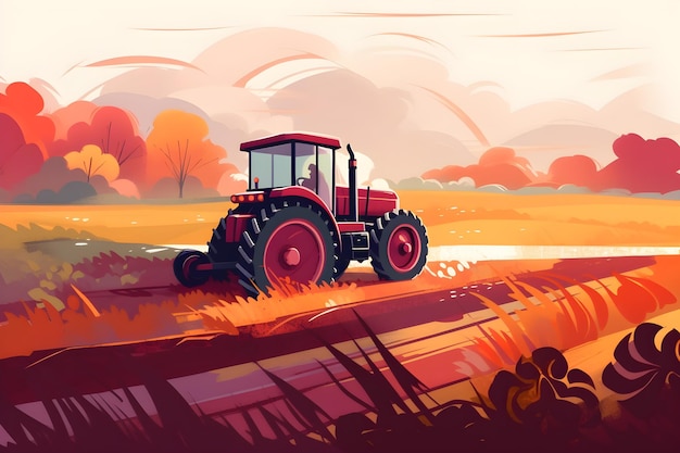 Una pintura digital de un tractor en un campo con árboles de otoño en el fondo