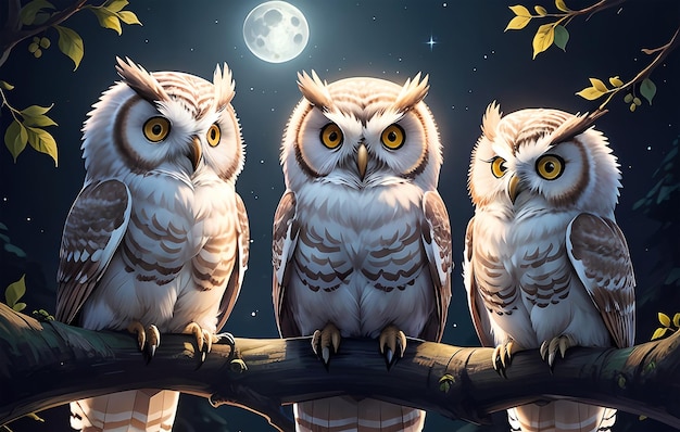 una pintura digital de tres búhos en una noche de luna llena