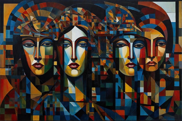 Pintura digital de tres mujeres con fondo abstractamente colorido Arte contemporáneo