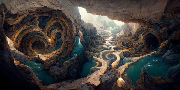 Una pintura digital de un túnel en espiral con un diseño en espiral.