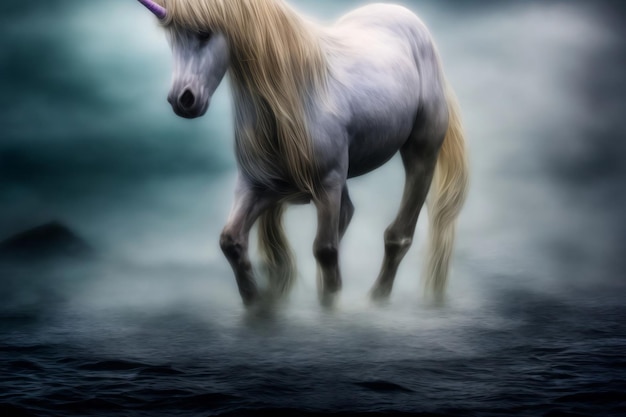 Una pintura digital de un unicornio corriendo por el agua