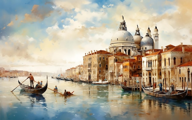 Pintura digital de Venecia con góndolas y la Basílica de San