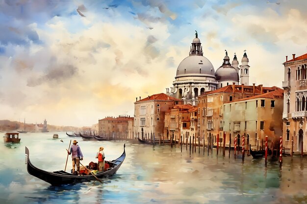 Pintura digital de Venecia con góndolas y la Basílica de San