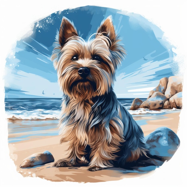 Pintura digital de Yorkshire Terrier en el diseño de camiseta de círculo inspirado en el tonalismo de la playa