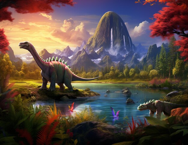 Foto pintura de un dinosaurio en un bosque con una montaña en el fondo generativo ai