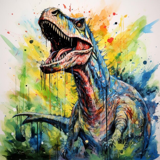 una pintura de un dinosaurio con una imagen de un dinosauro en él