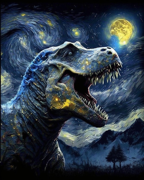 Una pintura de un dinosaurio con la luna de fondo.