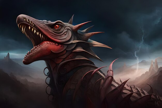 Una pintura de un dinosaurio con una montaña en el fondo Retrato de dragón malvado de fantasía Obra de arte surrealista de peligro dragón de la mitología medieval Arte de pintura al óleo Foto de alta calidad