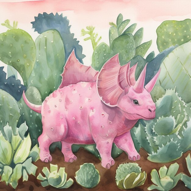 pintura de un dinosaurio rosado en un jardín de cactus con un fondo de cielo rosado