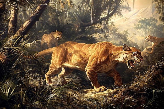una pintura de un dinosaurio con un tigre en la espalda