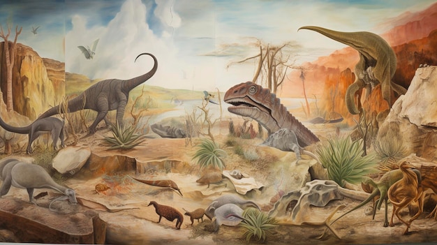 una pintura de dinosaurios y un dinosaurio con un fondo de cielo