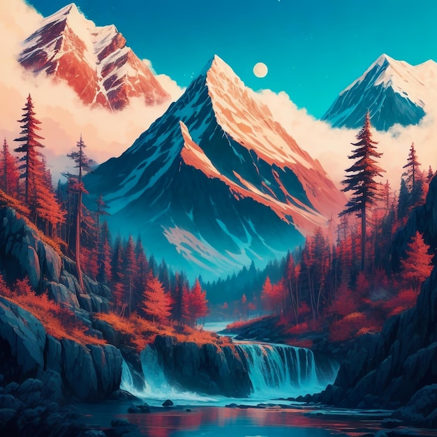 Pintura de diseño de Clipart de una montaña con árboles y agua