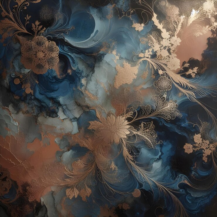 una pintura de diseño en espiral azul y dorado con flores blancas