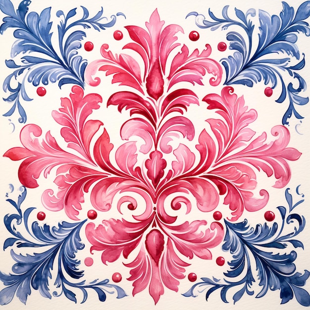 pintura de un diseño floral rojo y azul sobre un fondo blanco