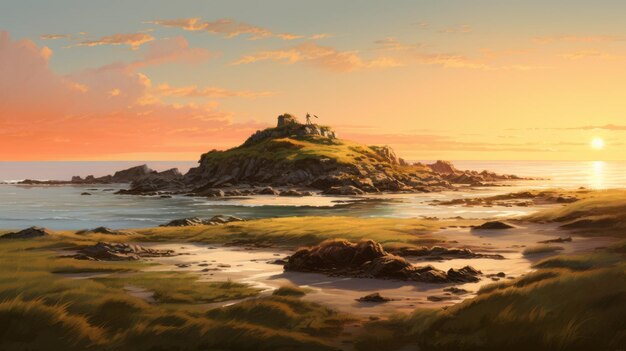 Foto pintura do castelo do pôr-do-sol e da ilha com profundidade de campo panorâmica
