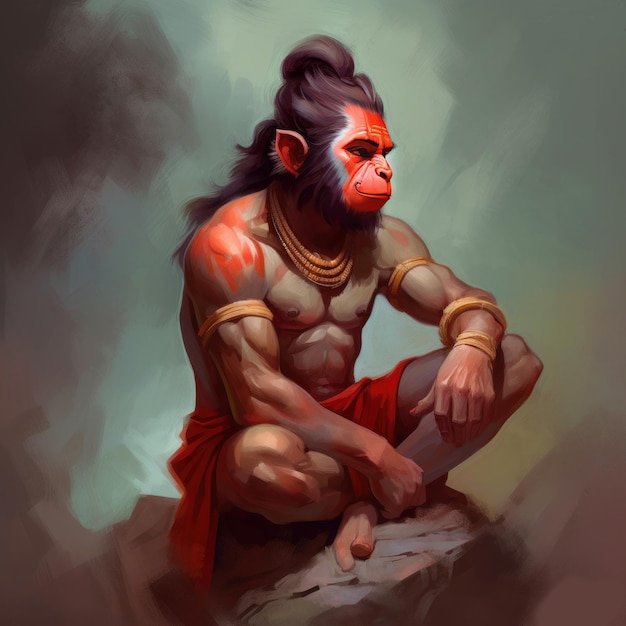 Pintura do deus hindu Hanuman também chamado de Maruti e Bajrang bali é um deus hindu e um divino companheiro vanara do deus Rama generative ai