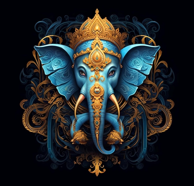 Pintura do deus indiano Ganesh azul em fundo preto