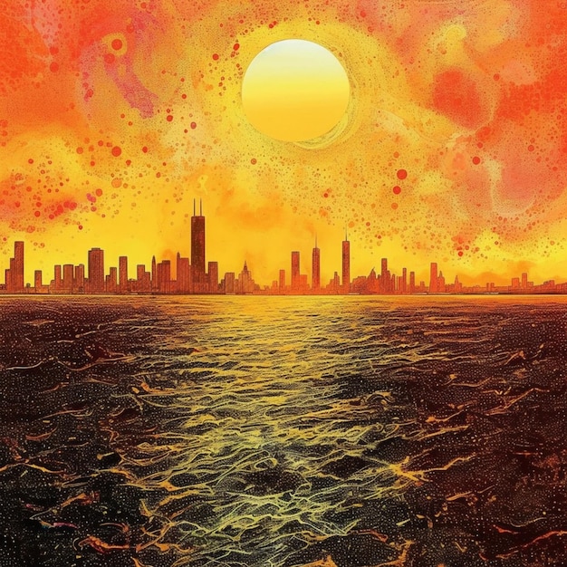 Foto pintura do horizonte de uma cidade com um pôr do sol sobre o oceano gerador de ia