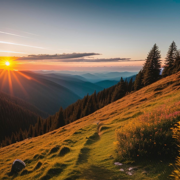 Pintura do pôr-do-sol nas terras altas alpinas Localização Montanhas dos Cárpatos Europa Impressionante cena de verão à luz da manhã
