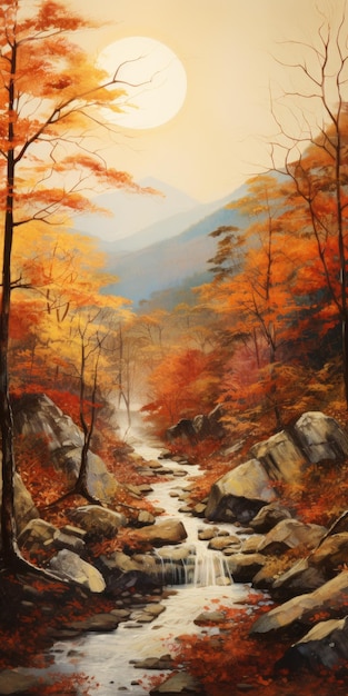 Pintura do rio de outono com folhas de laranja