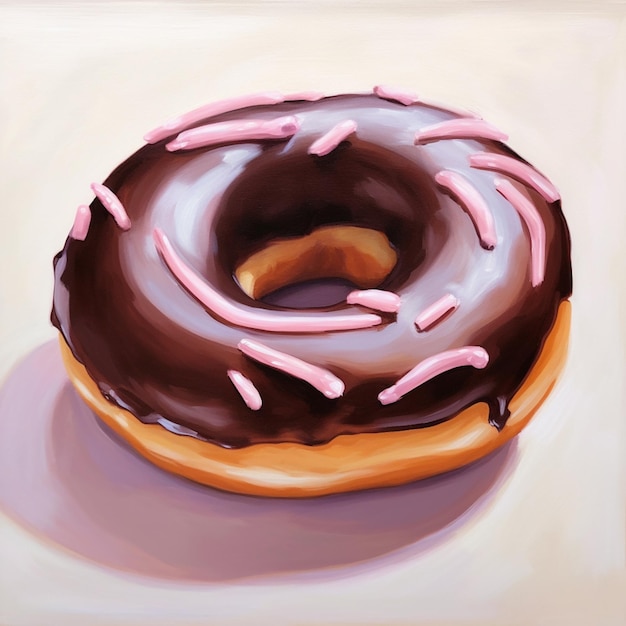 pintura de un donut de chocolate con chispas de color rosa sobre una superficie blanca ai generativo