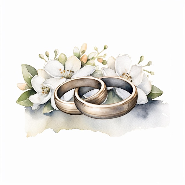 Una pintura de dos anillos de boda con una flor blanca.