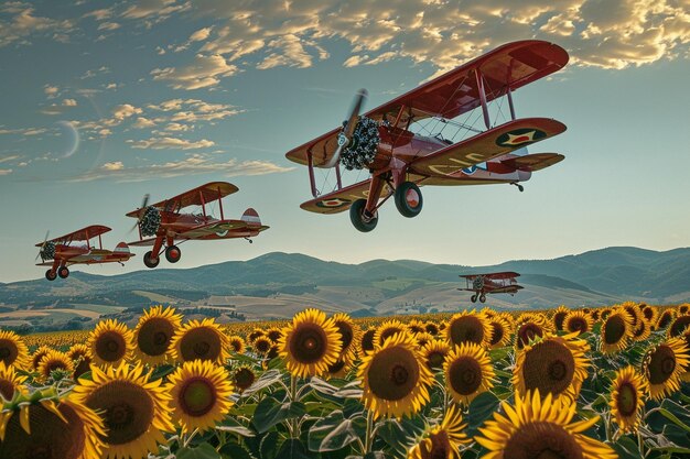 una pintura de dos aviones volando en un campo de girasoles