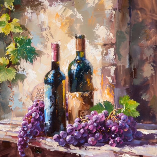 Una pintura de dos botellas de vino y un racimo de uvas